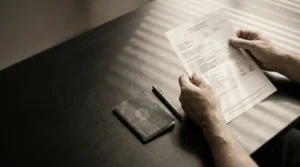 Mãos segurando um extrato bancário ao lado da carteira de trabalho